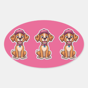 Adesivo Oval Cachorro de Cartoon Doce - Puppy feliz no Boné Sti