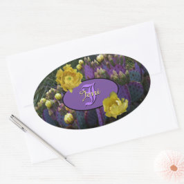 Adesivo Oval Cactus Roxo Com Flores Amarelas