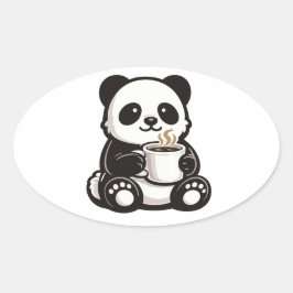 Adesivo Oval Café Panda Fofo – Panda Kawaii Bebendo Café 