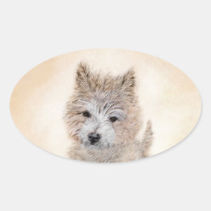 Adesivo Oval Cairn Terrier Puppy Painting - Arte Original De C