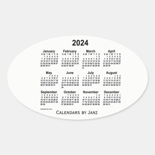 Adesivo Oval Calendário preto e branco 2024 por Janz Oval Stick (Frente)