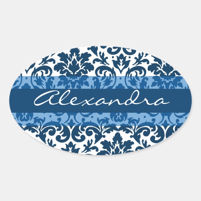 Adesivo Oval Caligrafia azul damask arte personalizável (Frente)