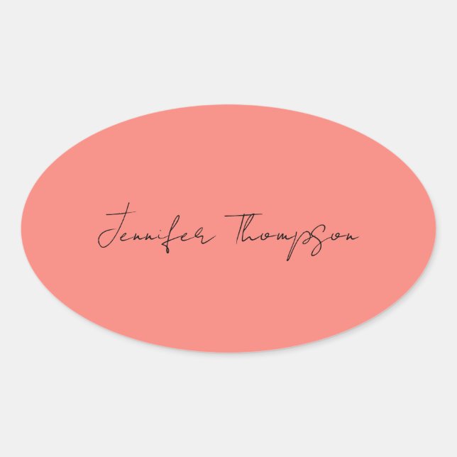 Adesivo Oval Caligrafia Elegante Coral Cor-de-Rosa Simples Nome (Frente)