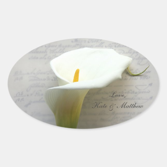 Adesivo Oval Calla lily em escrita antiga (Frente)