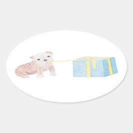 Adesivo Oval Cãozinho Mischievado com Presente de Aniversário