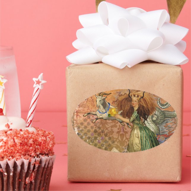 Adesivo Oval Capricórnio Mulher Cabra Brincadeira (Festa)