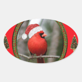 Adesivo Oval Cardeal e Árvores de Natal em Fundo Vermelho