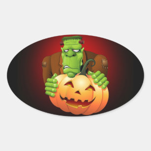 Adesivo Oval Cartoon Frankenstein Monster com Pumpkin