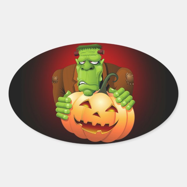 Adesivo Oval Cartoon Frankenstein Monster com Pumpkin (Frente)