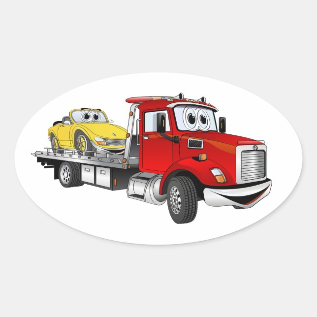 Adesivo Oval Cartoon Red Tow Truck Flatbed (Frente)