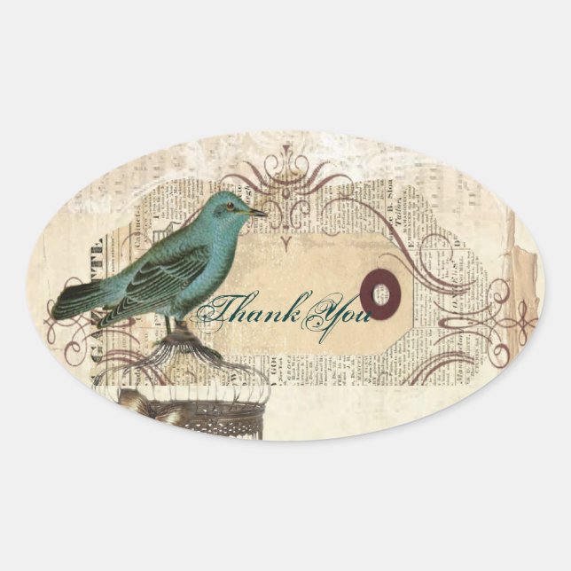 Adesivo Oval Casamento botânico floral de Teal Bird (Frente)