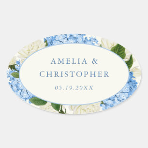Adesivo Oval Casamento Clássico com Hortênsia Azul e Rosa Branc