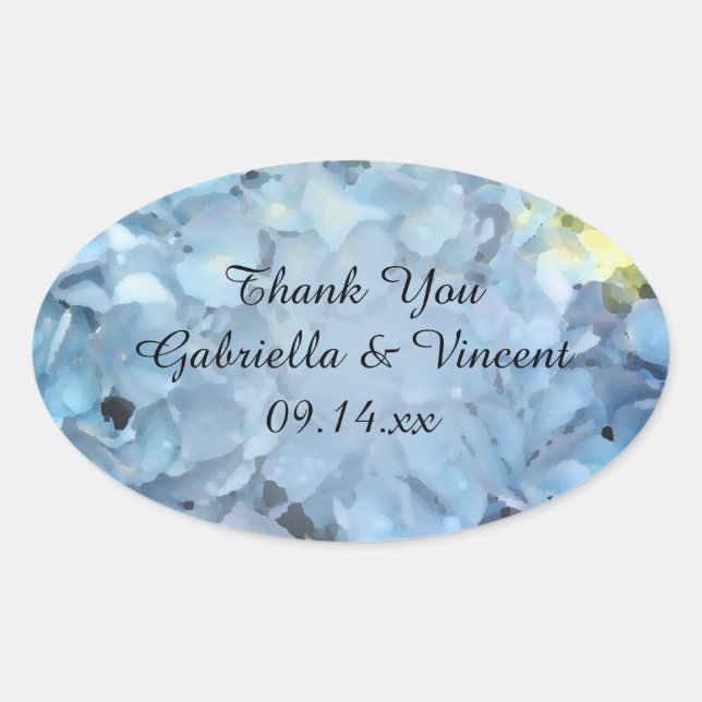 Adesivo Oval Casamento Da Flor Blue Hydrangea Obrigado Marcas F (Frente)