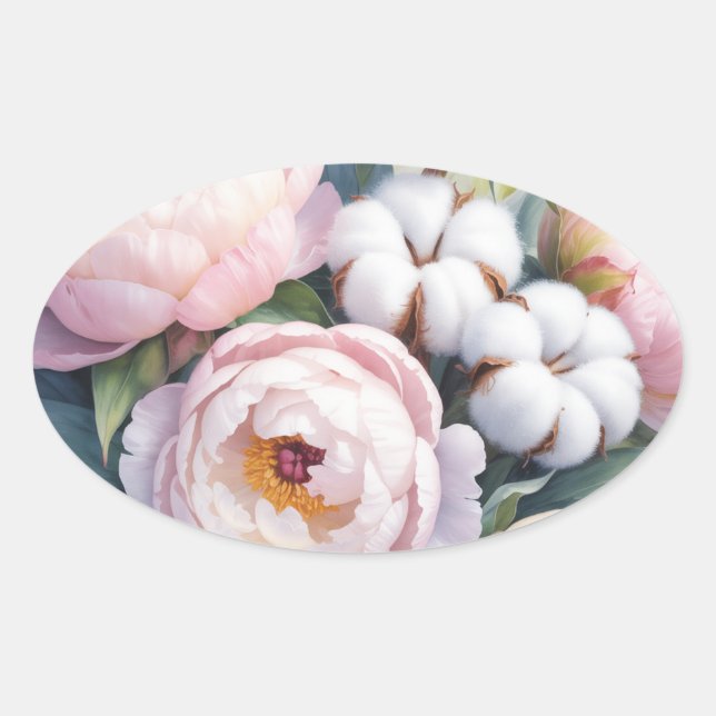 Adesivo Oval Casamento de Algodão Rosa e Branco (Frente)