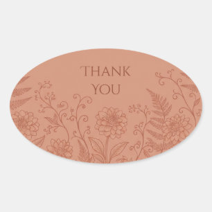 Adesivo Oval Casamento de Arte em Linha Floral de Terracota
