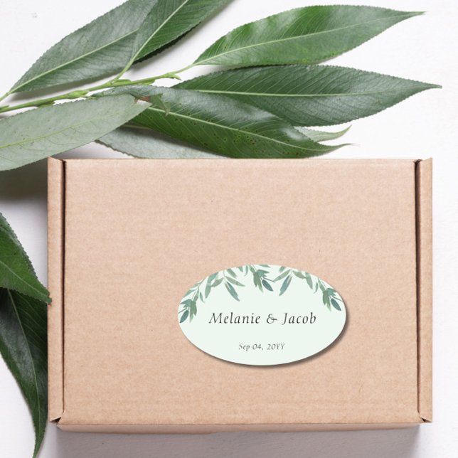 Adesivo Oval Casamento de Folhagem Verde Elegante (Criador carregado)