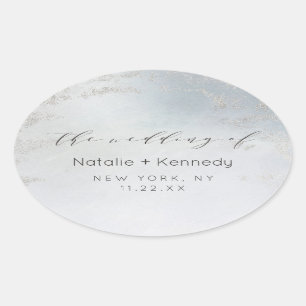 Adesivo Oval Casamento de Ombre Fosco Azul Silver Foil Luxe