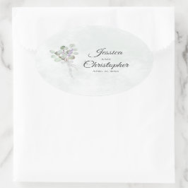 Adesivo Oval Casamento Elegante de Eucalyptus e Buquês de Lavan