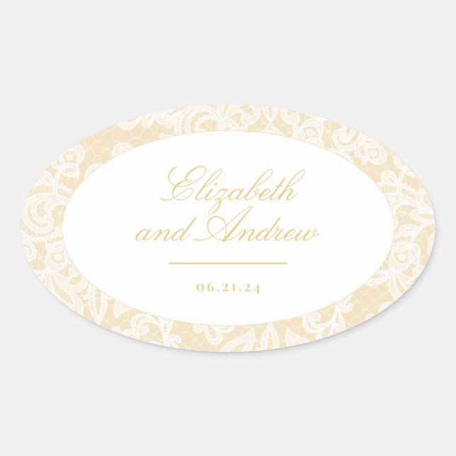Adesivo Oval Casamento Elegante de Lace Dourado sofisticado (Frente)