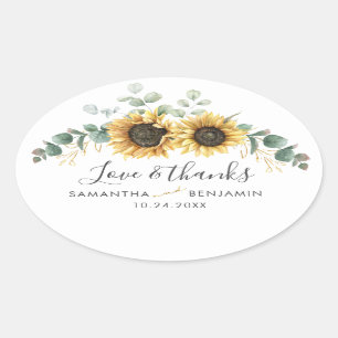 Adesivo Oval Casamento Eucalyptus Floral Sunflower Obrigado