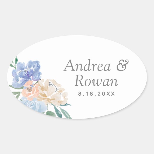 Adesivo Oval Casamento Floral Dusty Blue e Rosa (Frente)