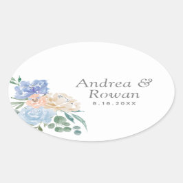 Adesivo Oval Casamento Floral Dusty Blue e Rosa