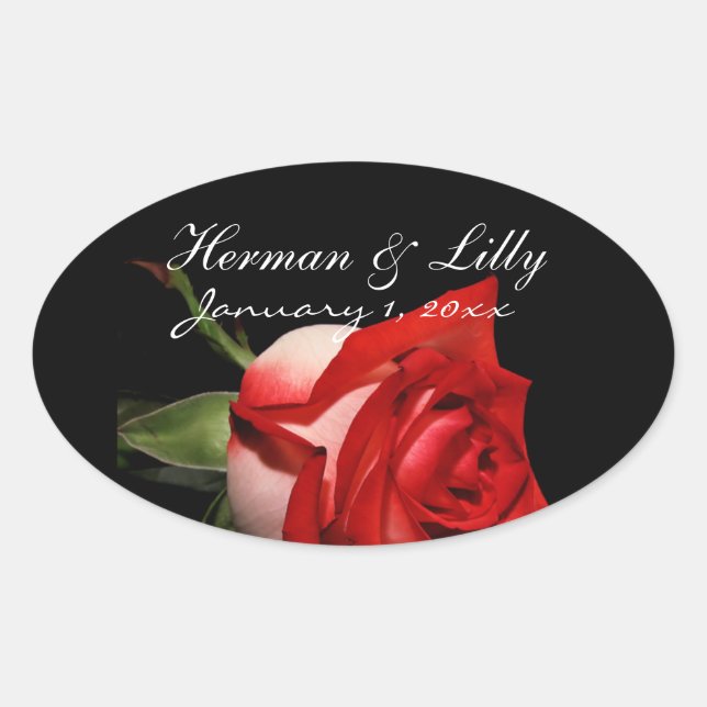 Adesivo Oval Casamento Personalizado Rosa Vermelho e Branco (Frente)