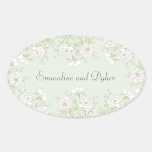 Adesivo Oval Casamento Rosa Branca Verde Salvia