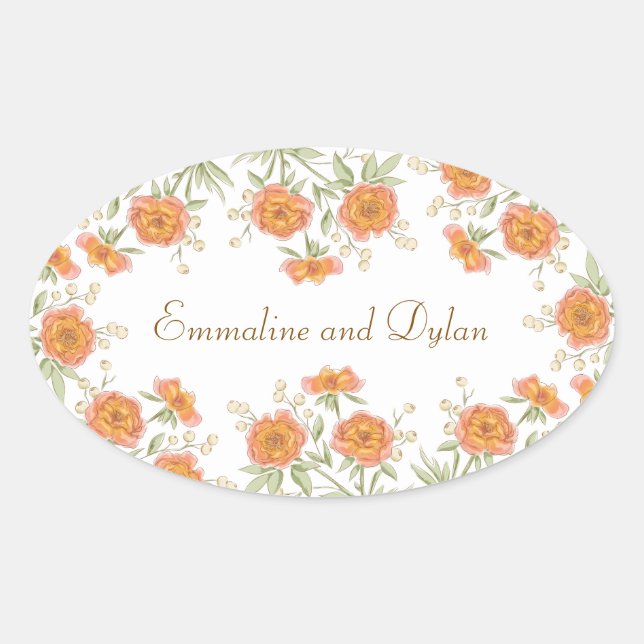 Adesivo Oval Casamento Rosa Laranja (Frente)