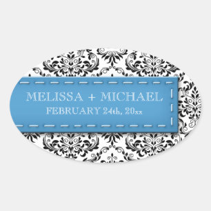Adesivo Oval Casamento tema damasco Azul com Aspas para Grandes