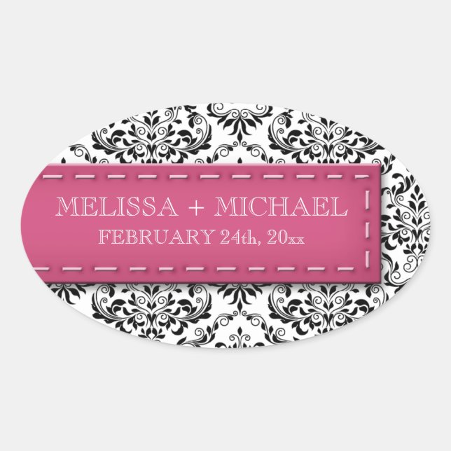 Adesivo Oval Casamento tema damasco rosa com título grande ades (Frente)