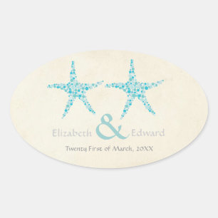 Adesivo Oval Casamento Turquoise Aqua Starfish Salve a Data