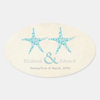 Adesivo Oval Casamento Turquoise Aqua Starfish Salve a Data