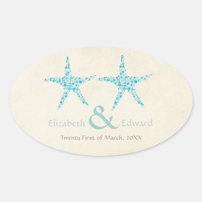 Adesivo Oval Casamento Turquoise Aqua Starfish Salve a Data (Frente)