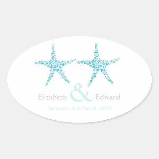 Adesivo Oval Casamento Turquoise Aqua Starfish Salve a Data