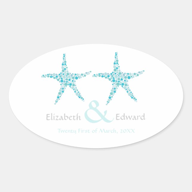Adesivo Oval Casamento Turquoise Aqua Starfish Salve a Data (Frente)