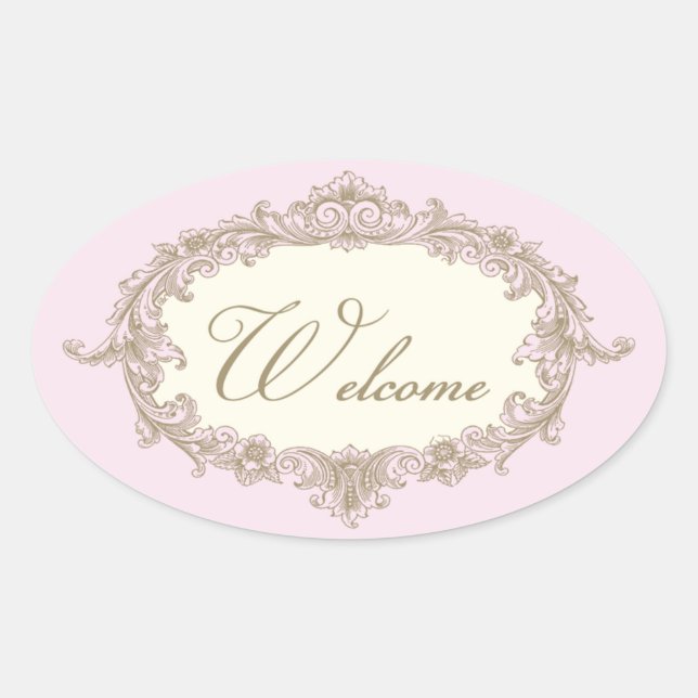 Adesivo Oval Casamento vintage de Creme Dourado Rosa Bem-vindo (Frente)