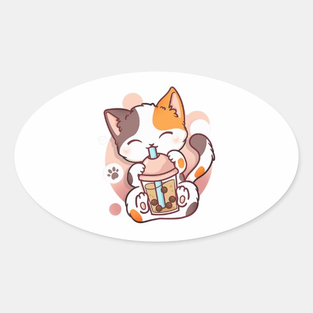 Adesivo Oval Cat Boba Tea Bubble Tea Anime Kawaii Neko para Gar (Frente)