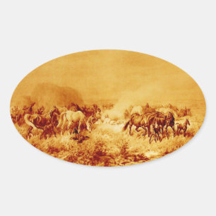 Adesivo Oval CAVALOS GRAZADOS, Amarelo-alaranjado antigo Oval
