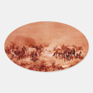Adesivo Oval CAVALOS que PASTAM, Oval cor-de-rosa vermelho
