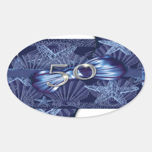 Adesivo Oval Celebração da praia da festa de aniversário 50