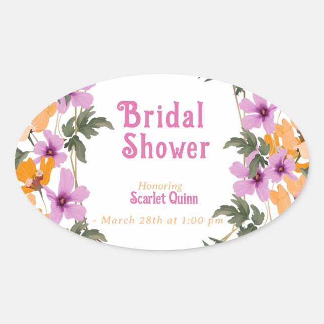 Adesivo Oval Chá de bebê #2 com flores silvestres rosa blush mo (Frente)