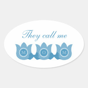Adesivo Oval Chamam-Me Mãe Xadrez Tulipas Oval Stickers (Azul)