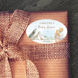 Adesivo Oval Charming Blue Mountain Watercolor Bear Family Baby