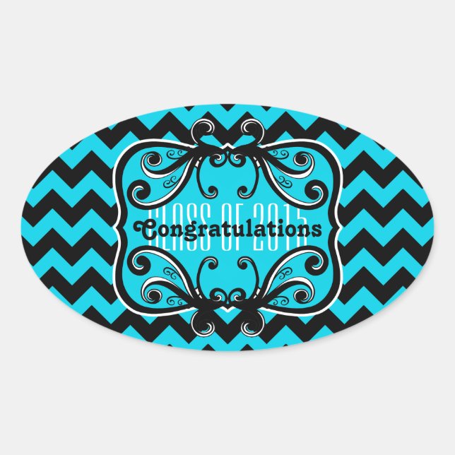 Adesivo Oval Chevron elegante preto e turquesa (Frente)