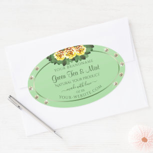 Adesivo Oval Chic Sage Green Product Labels Rosas Amarelas Joia
