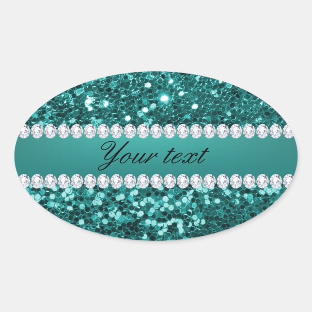 Adesivo Oval Chic Teal Faux Glitter e Diamantes (Frente)