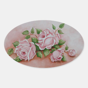 Adesivo Oval Chique Vintage - Rosas Rosa