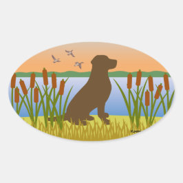 Adesivo Oval Chocolate Labrador Bird Dog Sunset