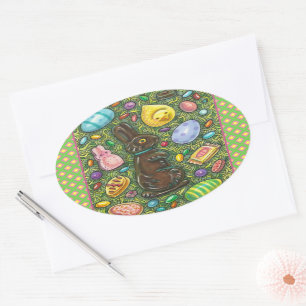 ADESIVO OVAL CHOCOLATE LESTE BUNNY, PINTINHO, OVOS, JELLY BEANS